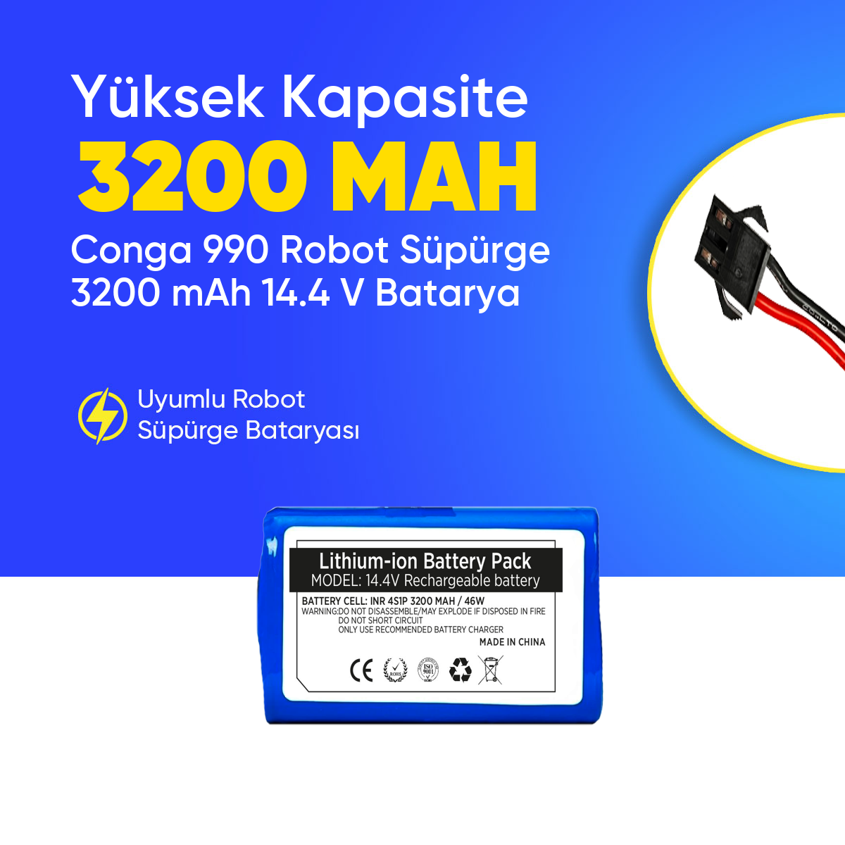 Conga 990 Robot Süpürge 3200 mAh 14.4 V,  Batarya – Orjinal Uyumlu Uzun Ömürlü, Yüksek Performans Pil