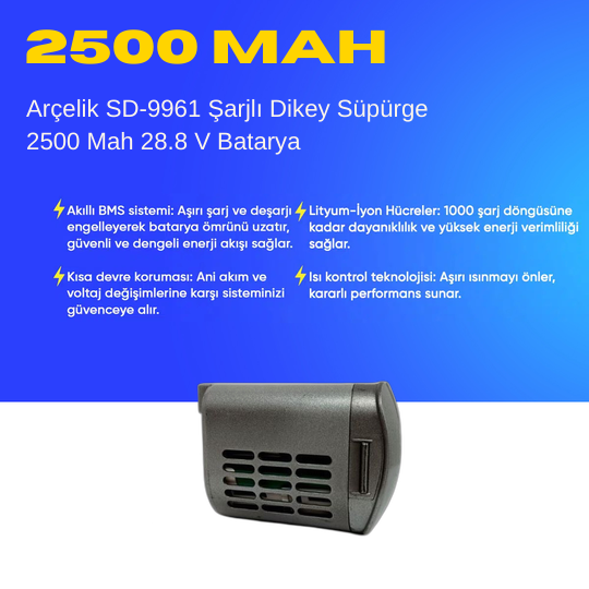 Arçelik SD-9961 Şarjlı Dik Süpürge 2500 Mah Batarya – Orjinal Uyumlu Uzun Ömürlü, Yüksek Performans Pil