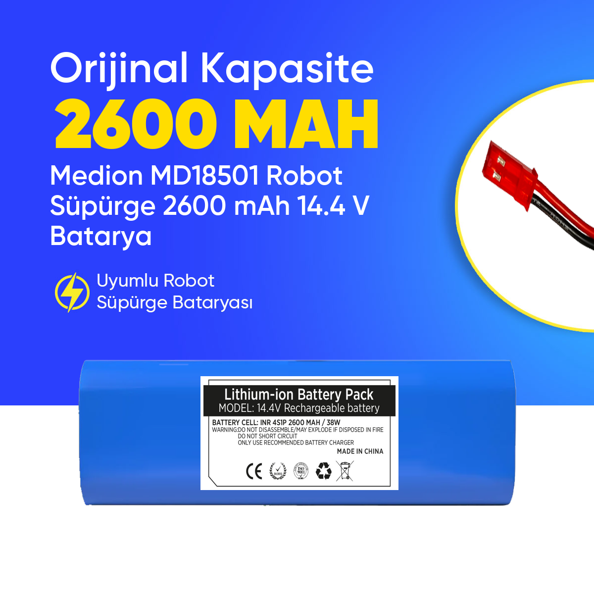 Medion MD18501 Robot Süpürge 2600 mAh 14.4 V  Batarya – Orjinal Uyumlu Uzun Ömürlü, Yüksek Performans Pil
