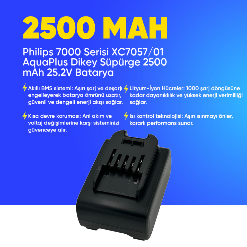 Philips 7000 Serisi XC7057/01 AquaPlus Dikey Süpürge 2500 mAh 25.2 V  Batarya – Orjinal Uyumlu Uzun Ömürlü, Yüksek Performans Pil