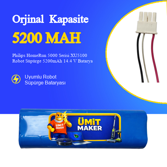 Philips HomeRun 5000 Serisi XU5100 Robot Süpürge 5200mAh 14.4 V Batarya – Orjinal Uyumlu Uzun Ömürlü, Yüksek Performans Pil