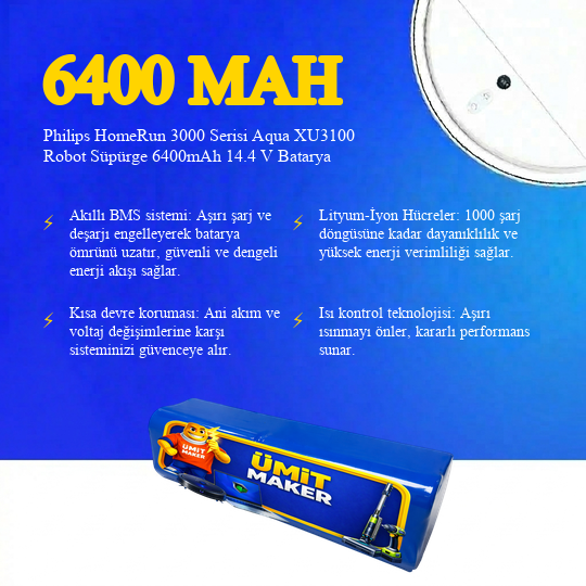 Philips HomeRun 3000 Serisi Aqua XU3100 Robot Süpürge 6400mAh 14.4 V Batarya – Orjinal Uyumlu Uzun Ömürlü, Yüksek Performans Pil