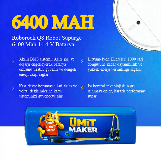Roborock Q8 Robot Süpürge 6400 Mah 14.4 V Batarya – Orjinal Uyumlu Uzun Ömürlü, Yüksek Performans Pil