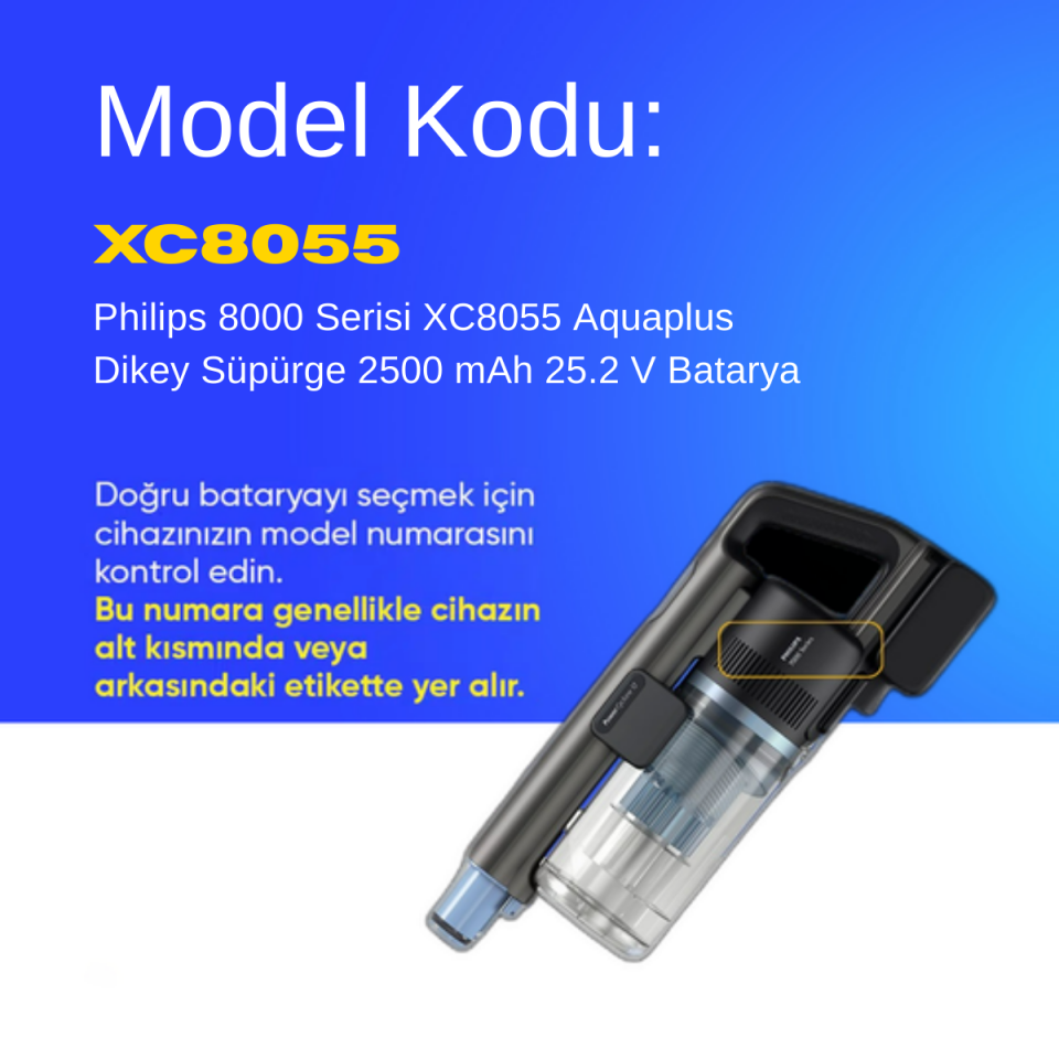 Philips 8000 Serisi XC8055 Aquaplus Dikey Süpürge 2500 mAh 25.2 V  Batarya – Orjinal Uyumlu Uzun Ömürlü, Yüksek Performans Pil