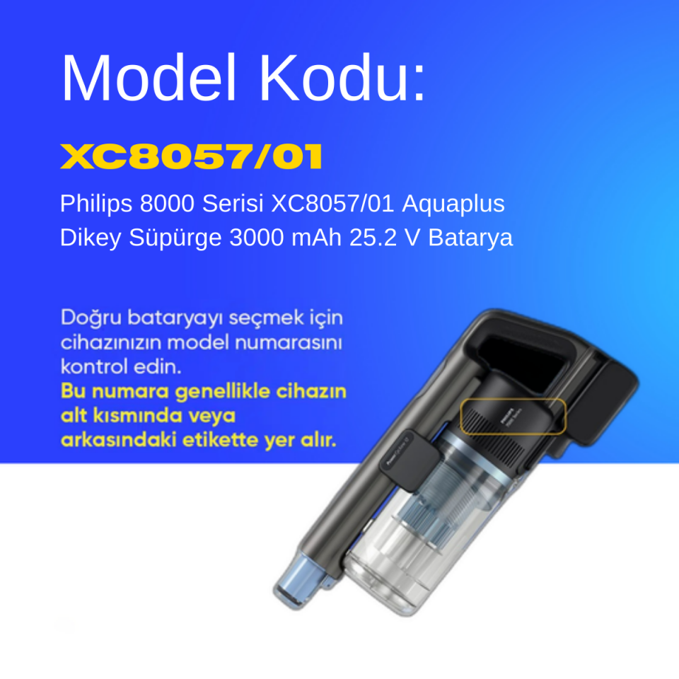 Philips 8000 Serisi XC8057/01 Aquaplus Dikey Süpürge 3000 mAh 25.2 V  Batarya – Orjinal Uyumlu Uzun Ömürlü, Yüksek Performans Pil