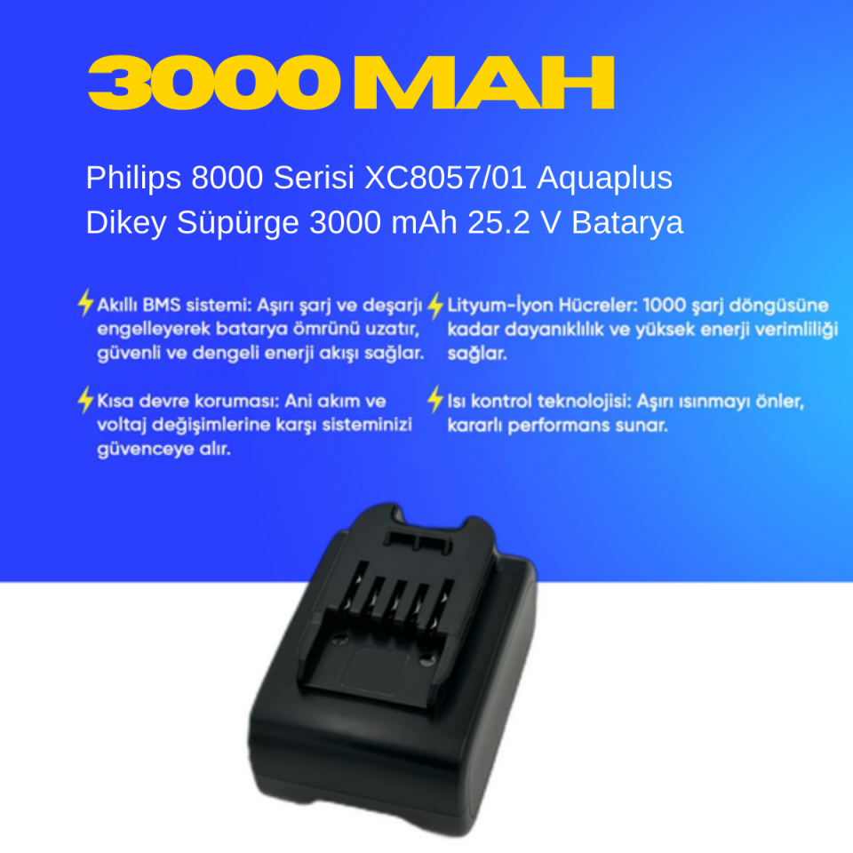 Philips 8000 Serisi XC8057/01 Aquaplus Dikey Süpürge 3000 mAh 25.2 V  Batarya – Orjinal Uyumlu Uzun Ömürlü, Yüksek Performans Pil