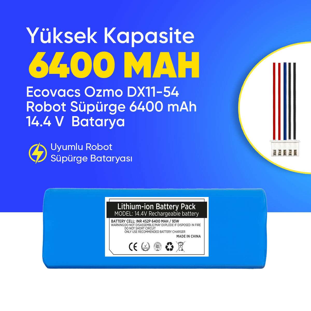 Ecovacs Ozmo DX11-54 Robot Süpürge 6400 mAh 14.4 V  Batarya – Orjinal Uyumlu Uzun Ömürlü, Yüksek Performans Pil