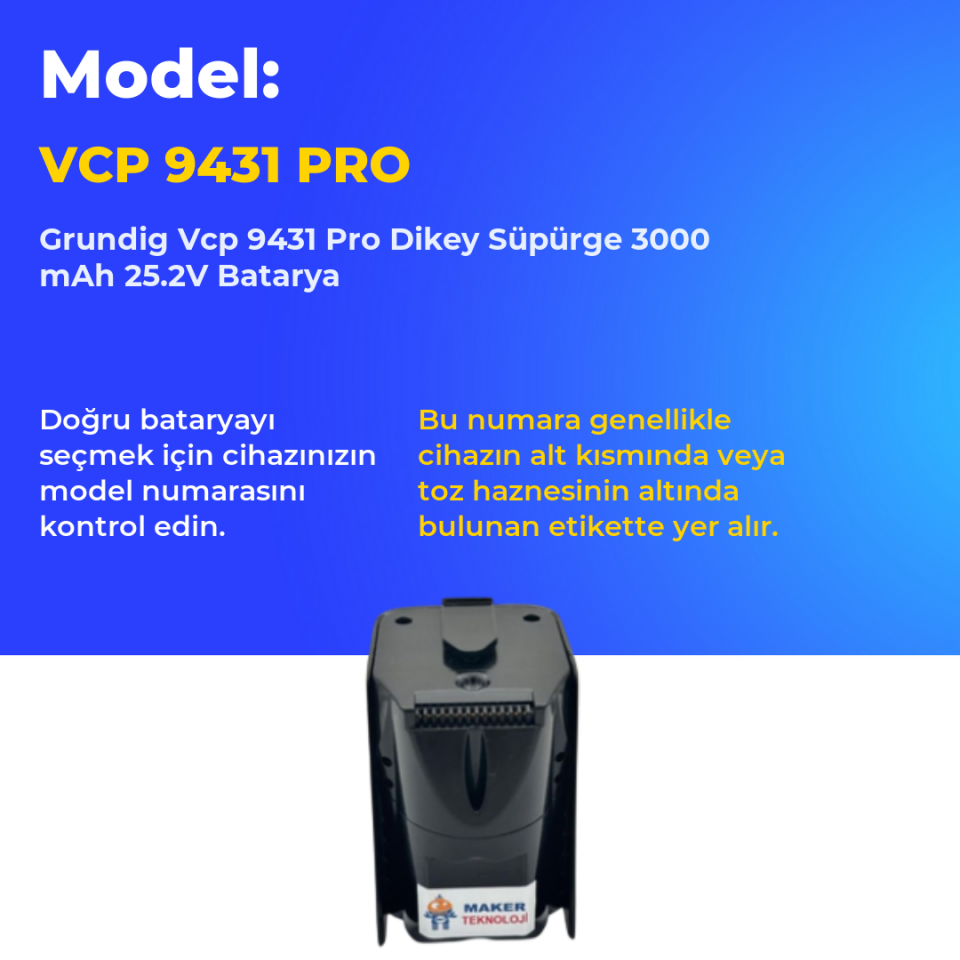 Grundig Vcp 9431 Pro Dikey Süpürge 3000 mAh 25.2V Batarya