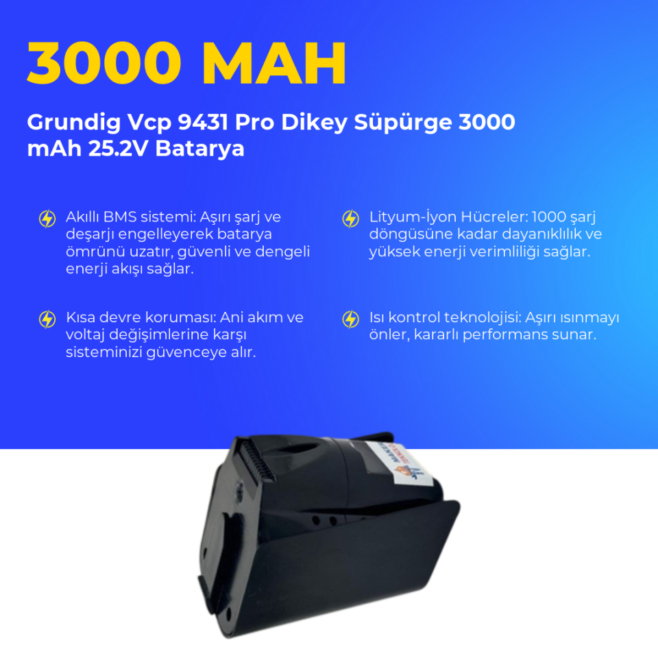Grundig Vcp 9431 Pro Dikey Süpürge 3000 mAh 25.2V Batarya
