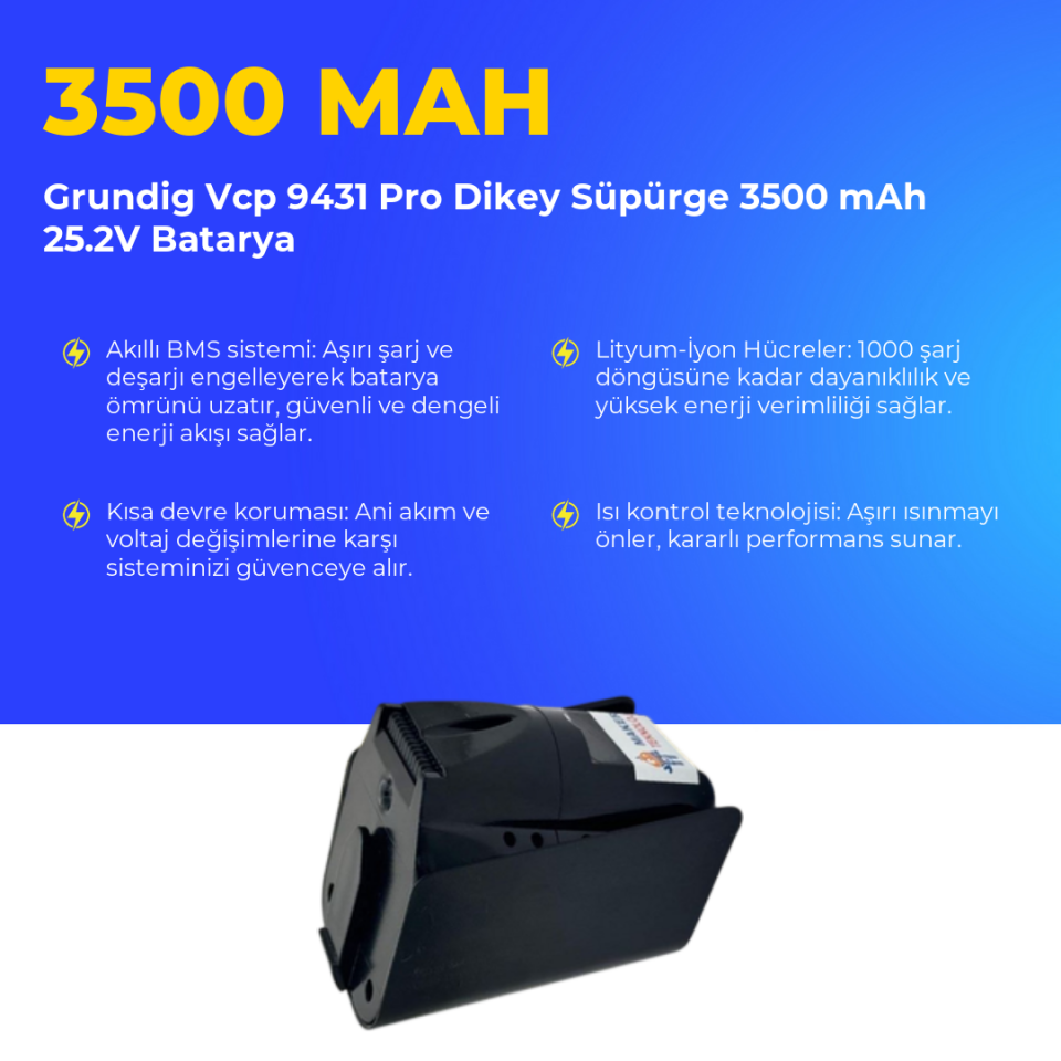Grundig Vcp 9431 Pro Dikey Süpürge 3500 mAh 25.2V Batarya