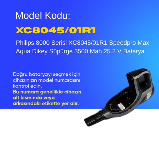 Philips 8000 Serisi XC8045/01R1 Speedpro Max Aqua Dikey Süpürge 3500 Mah 25.2 V Batarya – Orjinal Uyumlu Uzun Ömürlü, Maksimum Performans Pil