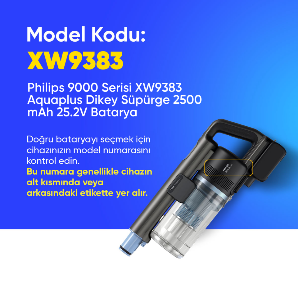Philips 9000 Serisi XW9383 Aquaplus Dikey Süpürge 2500 mAh 25.2 V  Batarya – Orjinal Uyumlu Uzun Ömürlü, Yüksek Performans Pil