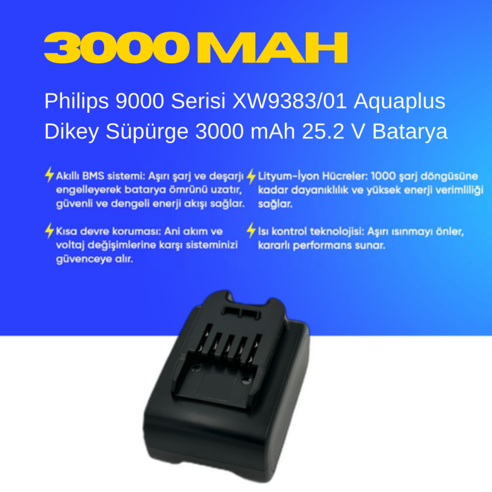Philips 9000 Serisi XW9383/01 Aquaplus Dikey Süpürge 3000 mAh 25.2 V  Batarya – Orjinal Uyumlu Uzun Ömürlü, Yüksek Performans Pil