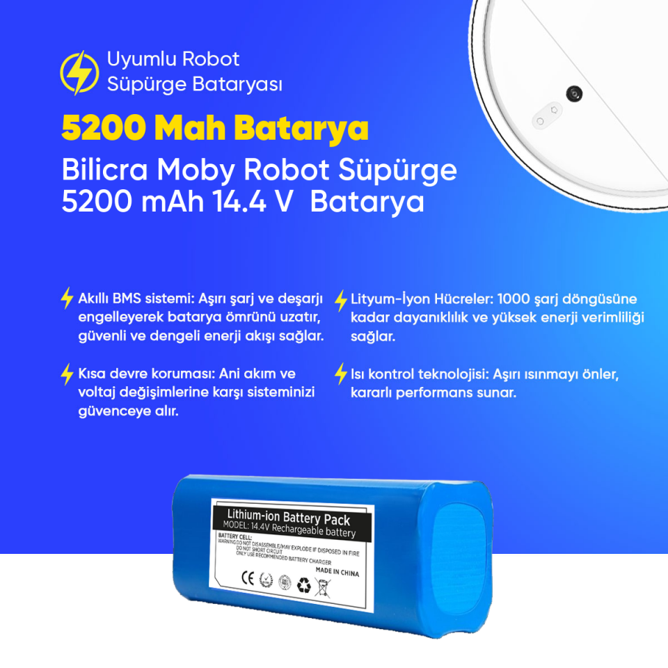 Bilicra Moby Robot Süpürge 5200 mAh 14.4 V  Batarya – Orjinal Uyumlu Uzun Ömürlü, Yüksek Performans Pil