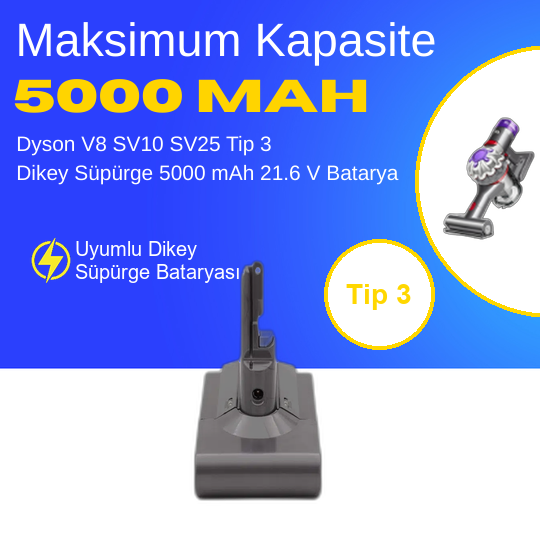 Dyson V8 SV10 SV25 Tip 3 Dikey Süpürge 5000 mAh 21.6 V  Batarya – Orjinal Uyumlu Uzun Ömürlü, Yüksek Performans Pil