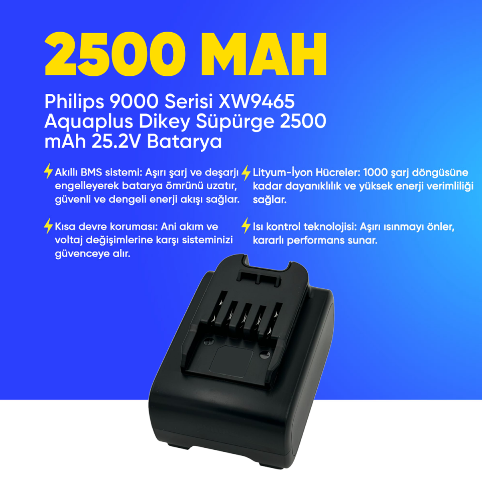 Philips 9000 Serisi XW9465 Aquaplus Dikey Süpürge 2500 mAh 25.2 V  Batarya – Orjinal Uyumlu Uzun Ömürlü, Yüksek Performans Pil