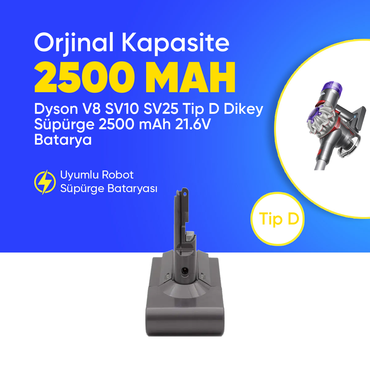 Dyson V8 SV10 SV25 Tip D Dikey Süpürge 2500 mAh 21.6 V  Batarya – Orjinal Uyumlu Uzun Ömürlü, Yüksek Performans Pil