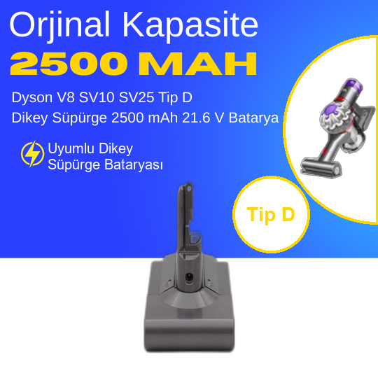 Dyson V8 SV10 SV25 Tip D Dikey Süpürge 2500 mAh 21.6 V  Batarya – Orjinal Uyumlu Uzun Ömürlü, Yüksek Performans Pil