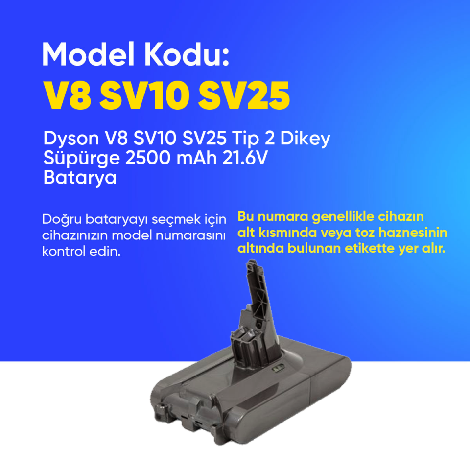 Dyson V8 SV10 SV25 Tip 2 Dikey Süpürge 2500 mAh 21.6 V  Batarya – Orjinal Uyumlu Uzun Ömürlü, Yüksek Performans Pil