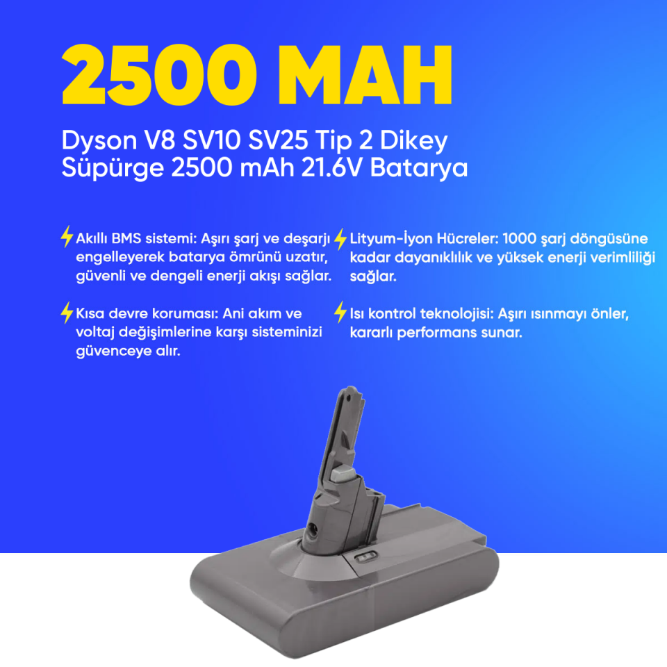 Dyson V8 SV10 SV25 Tip 2 Dikey Süpürge 2500 mAh 21.6 V  Batarya – Orjinal Uyumlu Uzun Ömürlü, Yüksek Performans Pil
