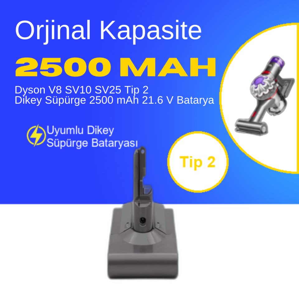 Dyson V8 SV10 SV25 Tip 2 Dikey Süpürge 2500 mAh 21.6 V  Batarya – Orjinal Uyumlu Uzun Ömürlü, Yüksek Performans Pil
