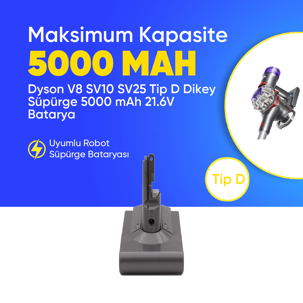 Dyson V8 SV10 SV25 Tip D Dikey Süpürge 5000 mAh 21.6 V  Batarya – Orjinal Uyumlu Uzun Ömürlü, Yüksek Performans Pil