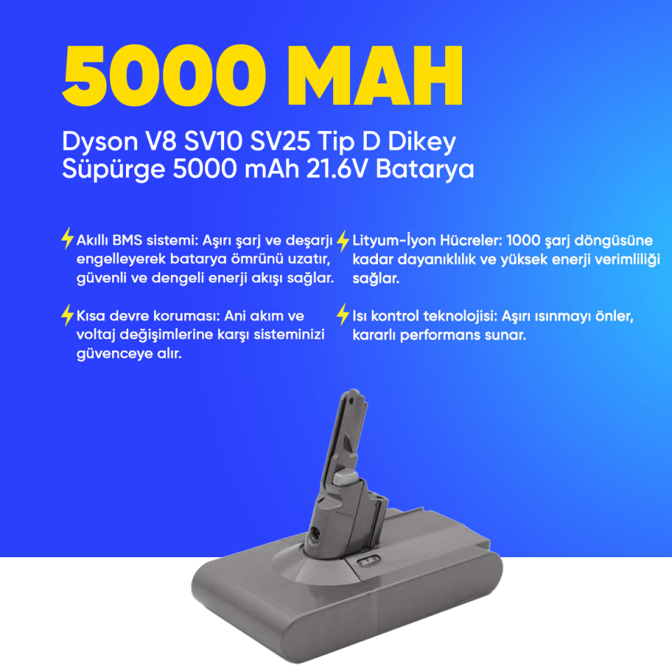 Dyson V8 SV10 SV25 Tip D Dikey Süpürge 5000 mAh 21.6 V  Batarya – Orjinal Uyumlu Uzun Ömürlü, Yüksek Performans Pil