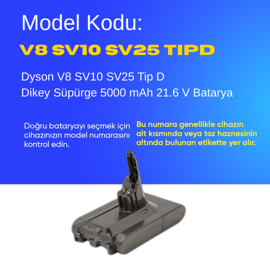 Dyson V8 SV10 SV25 Tip D Dikey Süpürge 5000 mAh 21.6 V  Batarya – Orjinal Uyumlu Uzun Ömürlü, Yüksek Performans Pil