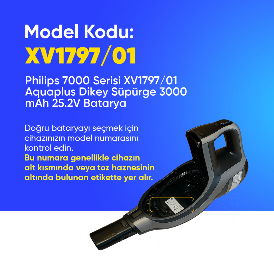 Philips 7000 Serisi XV1797/01 Aquaplus Dikey Süpürge 3000 mAh 25.2 V  Batarya – Orjinal Uyumlu Uzun Ömürlü, Yüksek Performans Pil