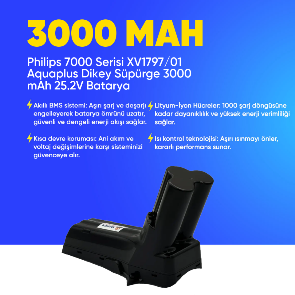 Philips 7000 Serisi XV1797/01 Aquaplus Dikey Süpürge 3000 mAh 25.2 V  Batarya – Orjinal Uyumlu Uzun Ömürlü, Yüksek Performans Pil