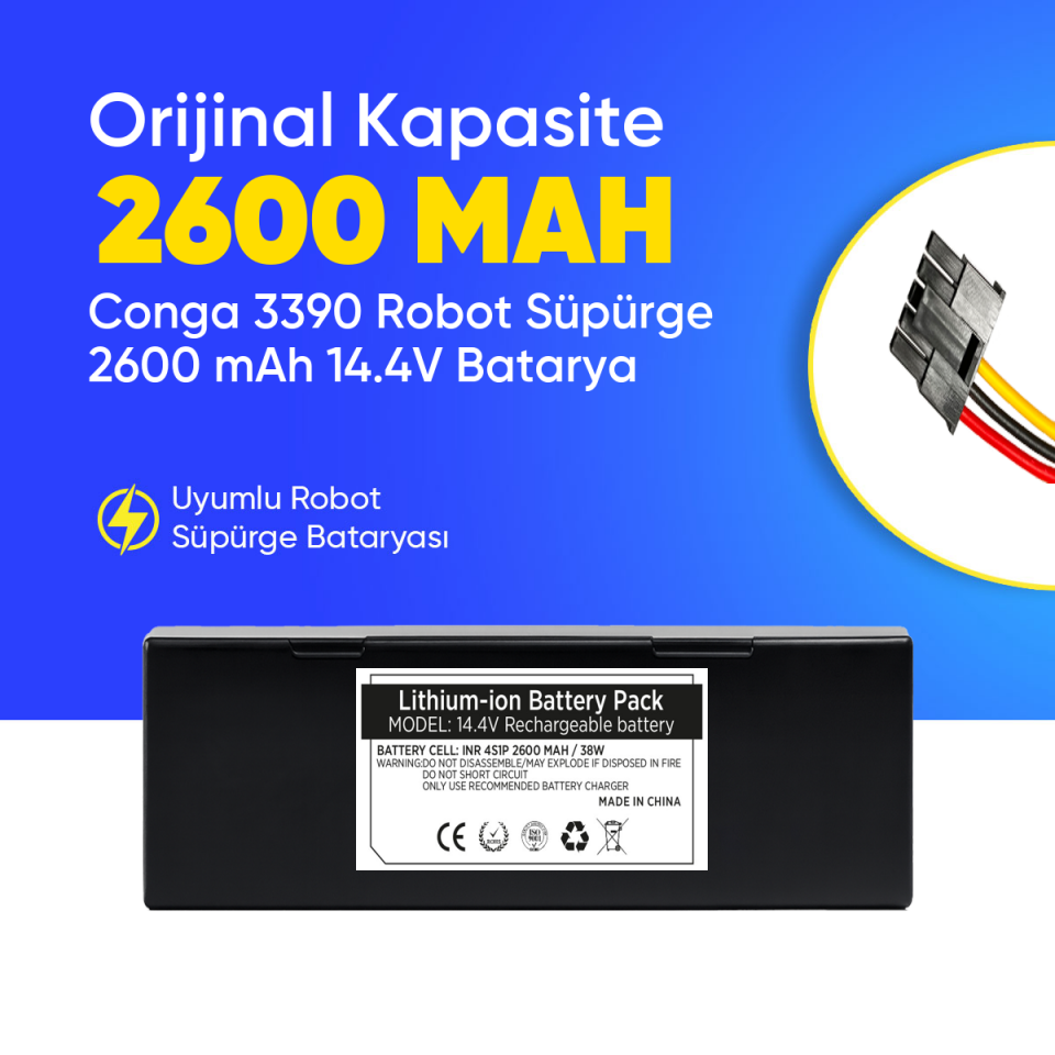 Conga 3390 Robot Süpürge 2600 mAh 14.4 V,  Batarya – Orjinal Uyumlu Uzun Ömürlü, Yüksek Performans Pil