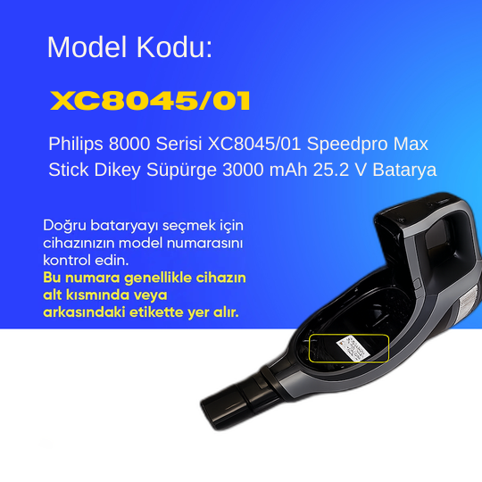 Philips 8000 Serisi XC8045/01 Speedpro Max Stick Dikey Süpürge 3000 mAh 25.2 V  Batarya – Orjinal Uyumlu Uzun Ömürlü, Yüksek Performans Pil