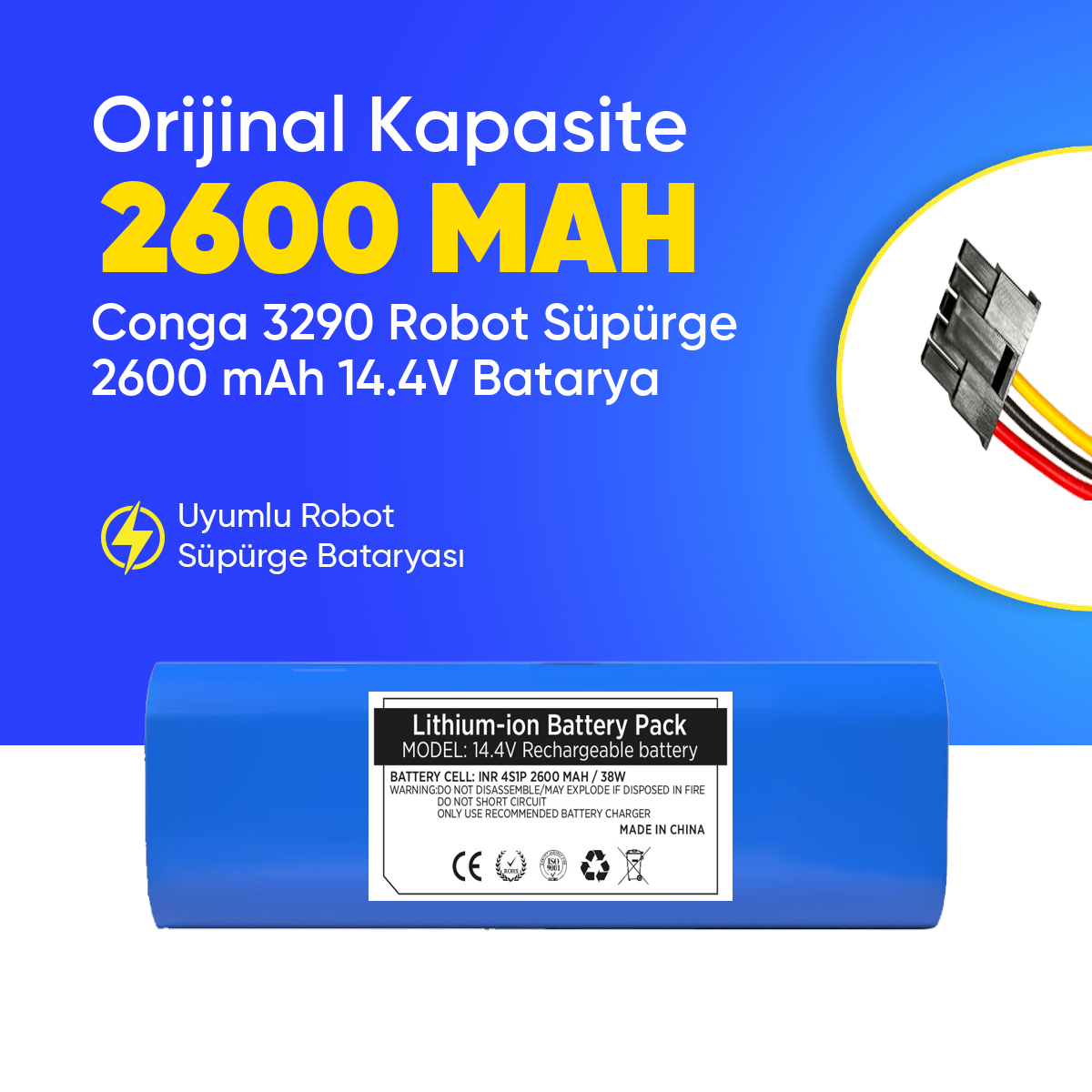 Conga 3290 Robot Süpürge 2600 mAh 14.4 V,  Batarya – Orjinal Uyumlu Uzun Ömürlü, Yüksek Performans Pil