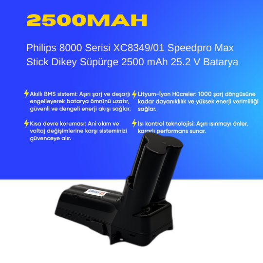 Philips 8000 Serisi XC8349/01 Speedpro Max Stick Dikey Süpürge 2500 mAh 25.2 V  Batarya – Orjinal Uyumlu Uzun Ömürlü, Yüksek Performans Pil