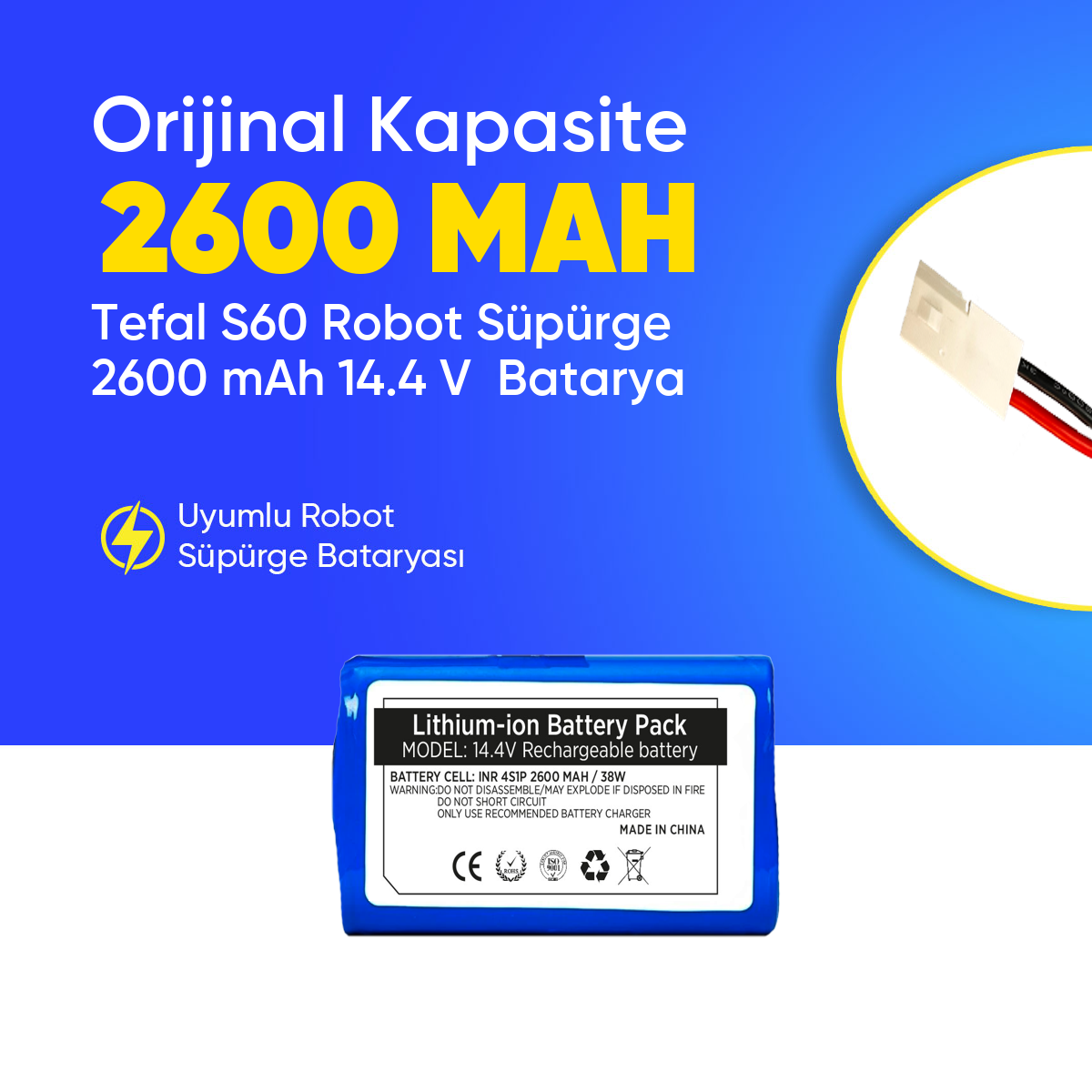 Tefal S60 Robot Süpürge 2600 mAh 14.4 V  Batarya – Orjinal Uyumlu Uzun Ömürlü, Yüksek Performans Pil
