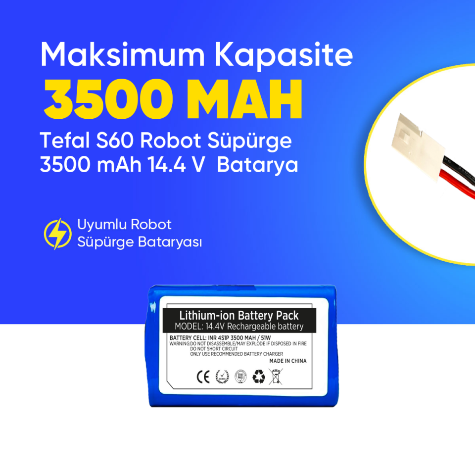 Tefal S60 Robot Süpürge 3500 mAh 14.4 V  Batarya – Orjinal Uyumlu Uzun Ömürlü, Yüksek Performans Pil