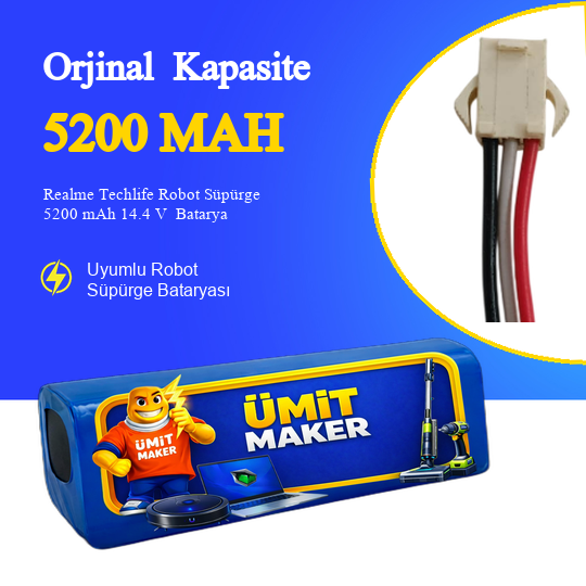Realme Techlife Robot Süpürge 5200 mAh 14.4 V  Batarya – Orjinal Uyumlu Uzun Ömürlü, Yüksek Performans Pil