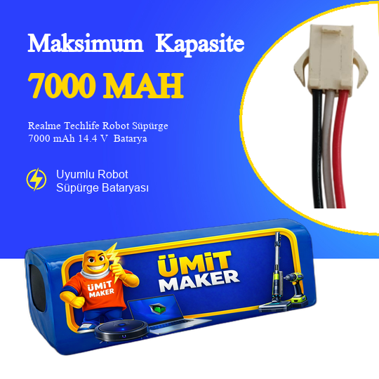 Realme Techlife Robot Süpürge 7000 mAh 14.4 V  Batarya – Orjinal Uyumlu Uzun Ömürlü, Yüksek Performans Pil
