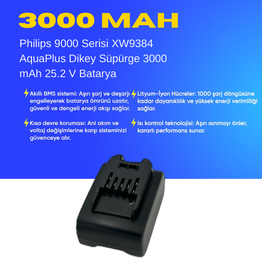 Philips 9000 Serisi XW9384 Aquaplus Dikey Süpürge 3000 mAh 25.2 V  Batarya – Orjinal Uyumlu Uzun Ömürlü, Yüksek Performans Pil