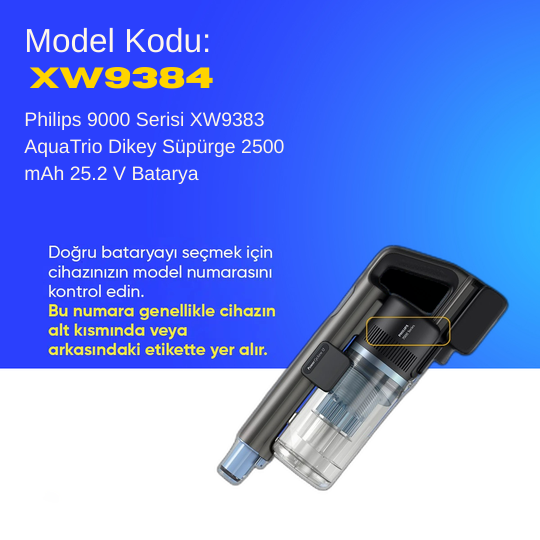 Philips 9000 Serisi XW9384 Aquatrio Dikey Süpürge 2500 mAh 25.2 V  Batarya – Orjinal Uyumlu Uzun Ömürlü, Yüksek Performans Pil