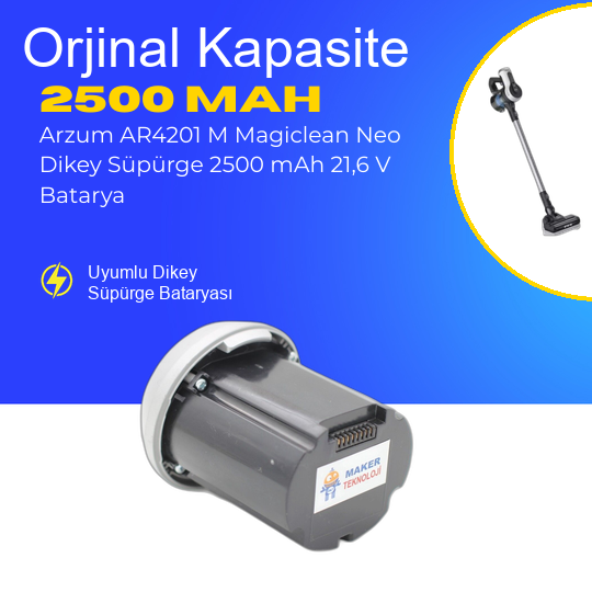 Arzum AR4201 M Magiclean Neo Dikey Süpürge 2500 mAh 21,6 V  Batarya – Orjinal Uyumlu Uzun Ömürlü, Yüksek Performans Pil