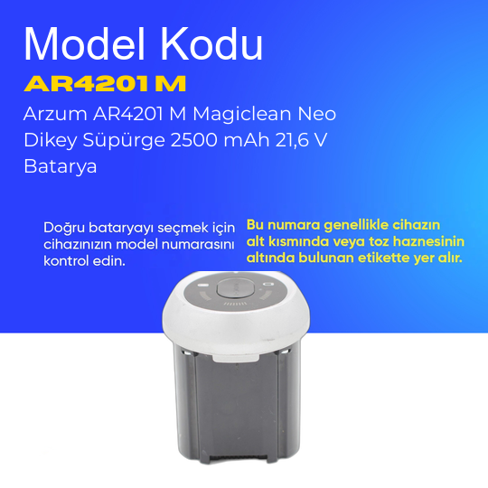 Arzum AR4201 M Magiclean Neo Dikey Süpürge 2500 mAh 21,6 V  Batarya – Orjinal Uyumlu Uzun Ömürlü, Yüksek Performans Pil