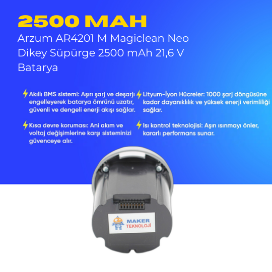 Arzum AR4201 M Magiclean Neo Dikey Süpürge 2500 mAh 21,6 V  Batarya – Orjinal Uyumlu Uzun Ömürlü, Yüksek Performans Pil