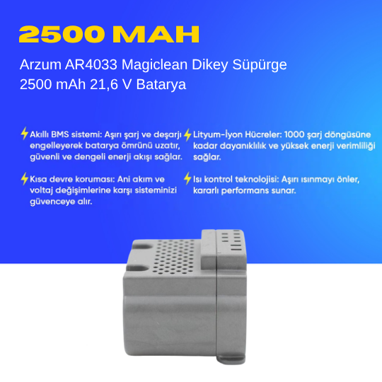 Arzum AR4033 Magiclean Dikey Süpürge 2500 mAh 21,6 V  Batarya – Orjinal Uyumlu Uzun Ömürlü, Yüksek Performans Pil