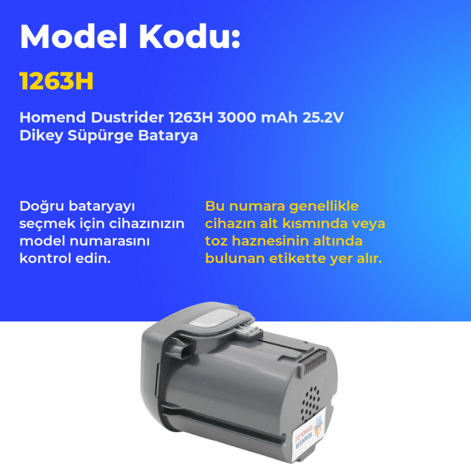 Homend Dustrider 1263H 3000 mAh 25.2V Dikey Süpürge Batarya