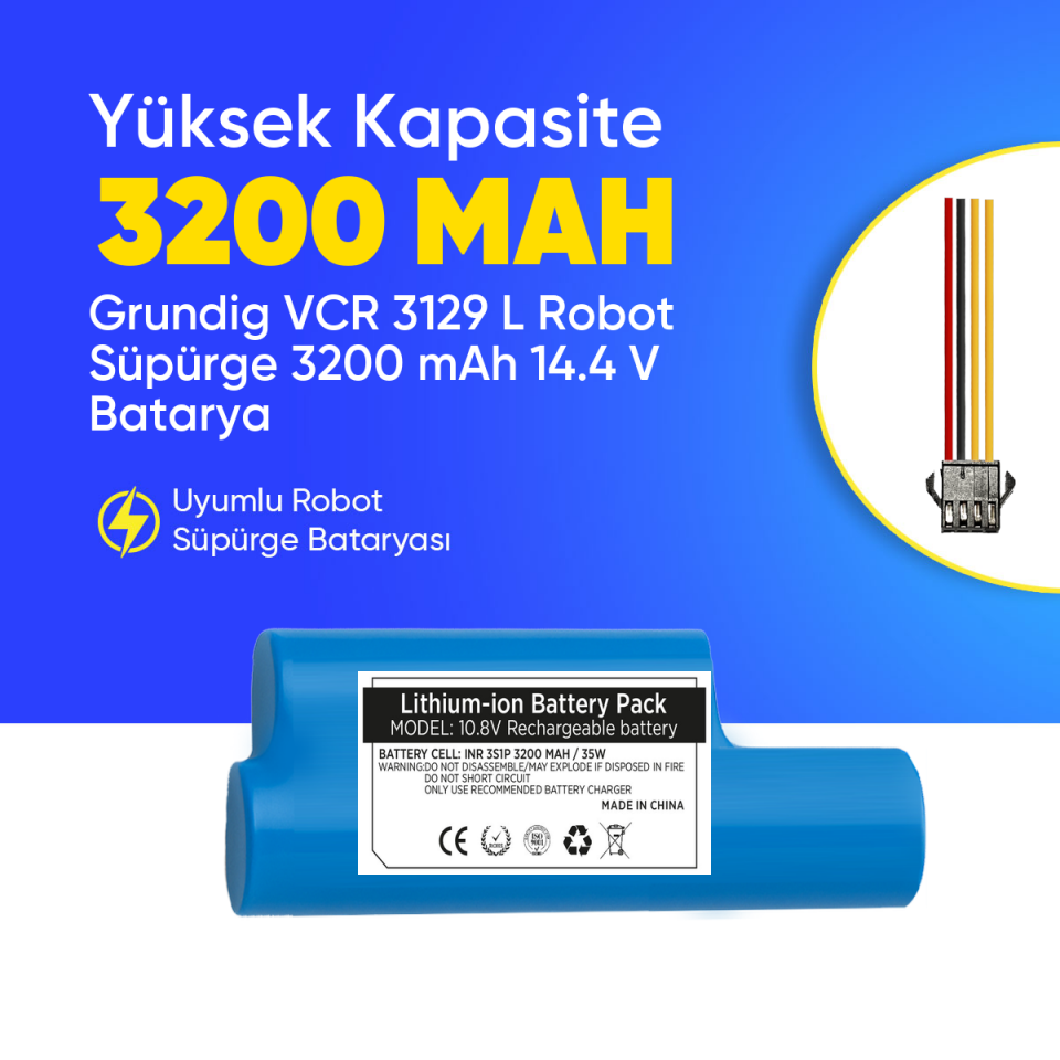 Grundig VCR 3129 L Robot Süpürge 3200 mAh 10,8 V  Batarya – Orjinal Uyumlu Uzun Ömürlü, Yüksek Performans Pil