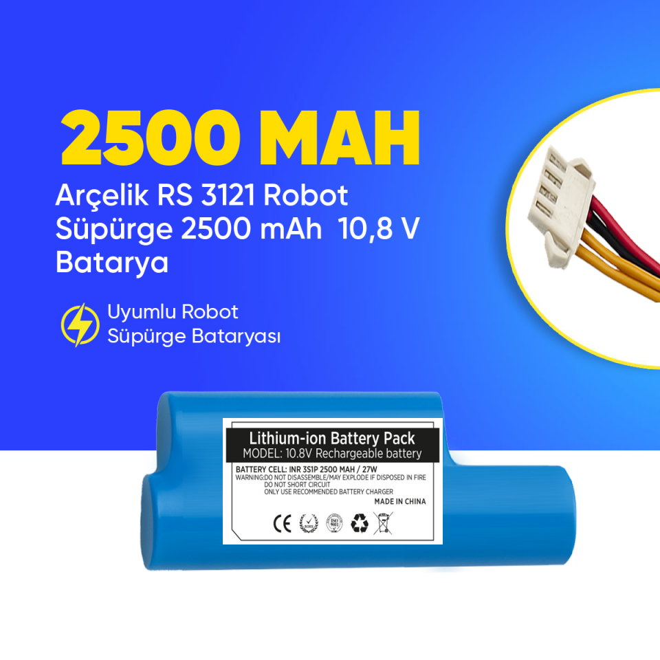 Arçelik RS 3121 Robot Süpürge 2500 mAh  10,8 V Batarya – Orjinal Uyumlu Uzun Ömürlü, Yüksek Performans Pil