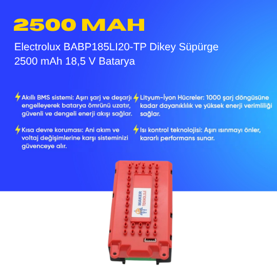 Electrolux BABP185LI20-TP Dikey Süpürge 2500 mAh 18,5 V  Batarya – Orjinal Uyumlu Uzun Ömürlü, Yüksek Performans Pil