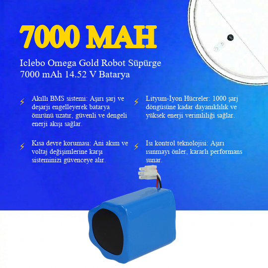 Iclebo Omega Gold Robot Süpürge 7000 mAh 14.52V Batarya