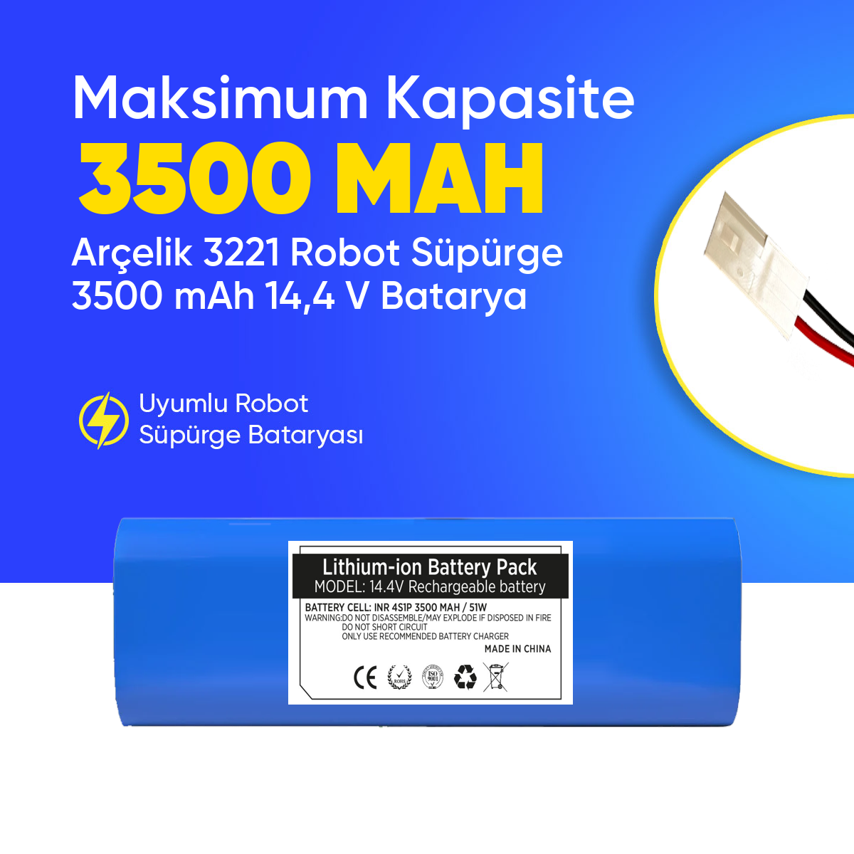 Arçelik 3221 Robot Süpürge 3500 mAh  14,4 V Batarya – Orjinal Uyumlu Uzun Ömürlü, Yüksek Performans Pil